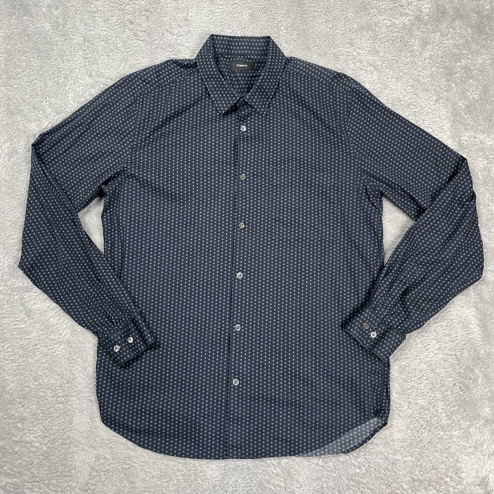 Theory Irving Shirt Mens Large Blue Polka Dot Stretch Long Sleeve Button Front